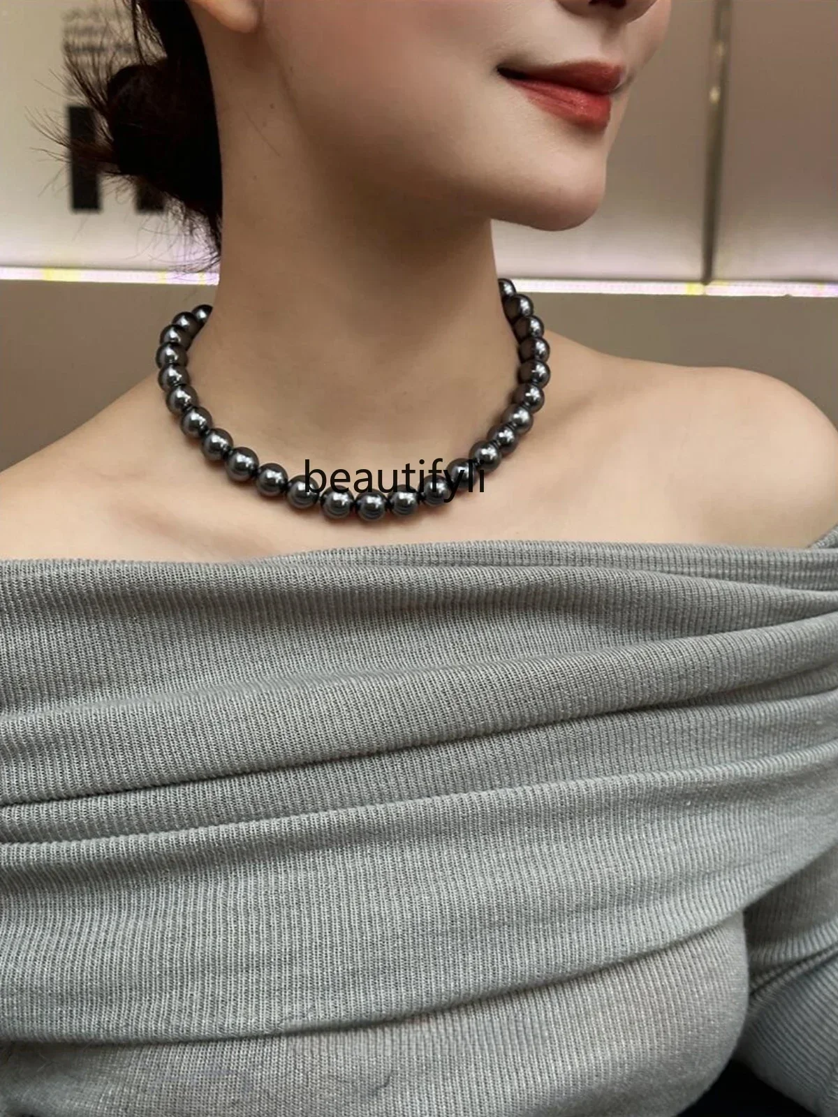 925 Sterling Silver Buckle Tahitian Black Pearl Necklace Premium Light Luxury Flash Diamond Knotted Necklace