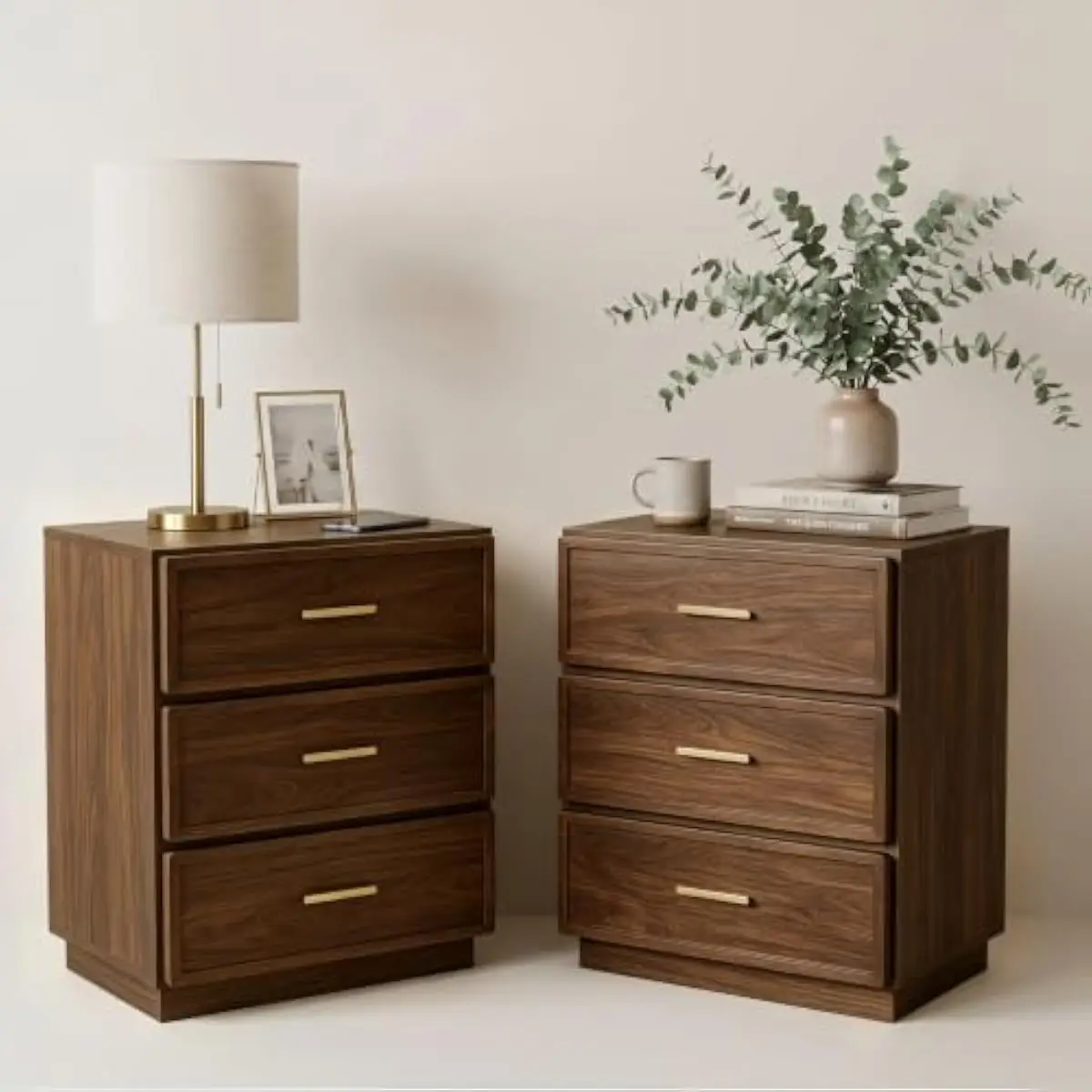 Tall Two-Piece Nightstand Collection Featuring Three Smooth-Gliding Drawers Per Unit Walnut Finish Solid Wood Construction Minim