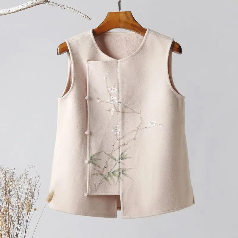 

Women's Fashionable Autumn Winter Outerwear Printed Sheepskin Vest Versatile Chinese Style Sleeveless Jacket for Ladies TS641