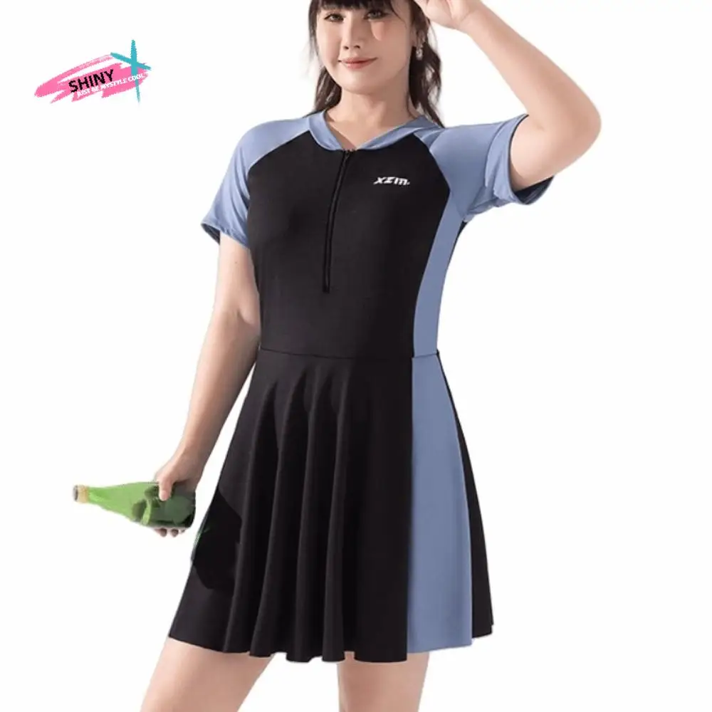 

Beachwear Short Sleeve Swimsuit Sun Protection Beachwear Clothings Women Bathing Suit Milk Ice Silk Blue Green Swimwear Skirt