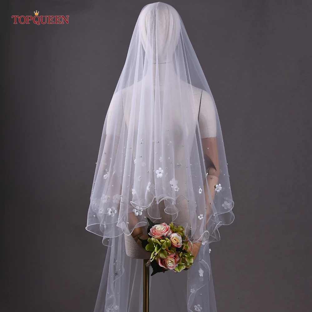 TOPQUEEN Romantic Pearl 3d Flower Bridal Veil Wedding 2 Layer Bridal Waltz Veil Blusher Cover Face No Comb Customizable V217A