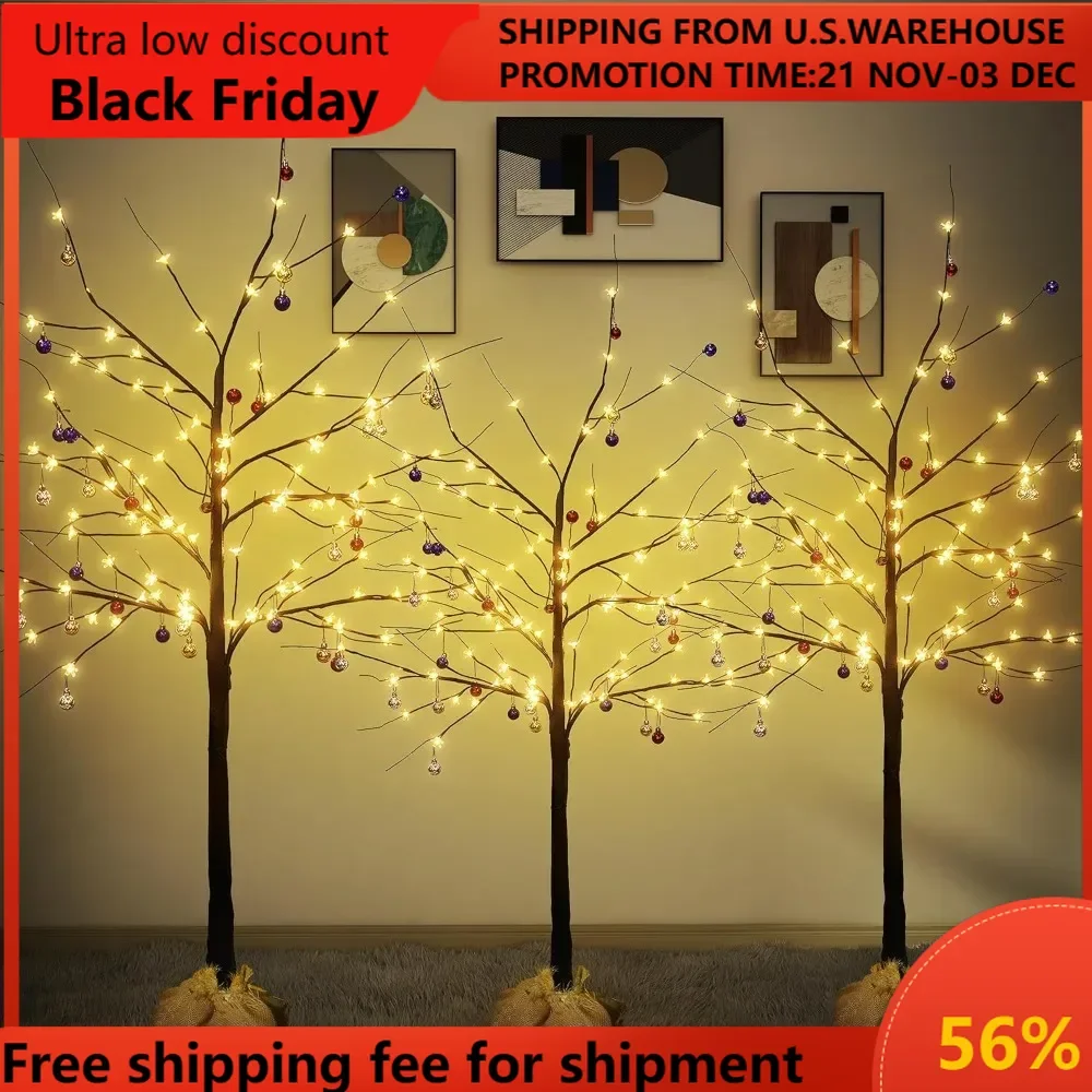 

Set of 3 Birch Tree with LED Lights, 4FT 5FT 6FT Prelit Christmas Tree, Lighted Black Artificial Tree for Indoor Outdoor, Thanks