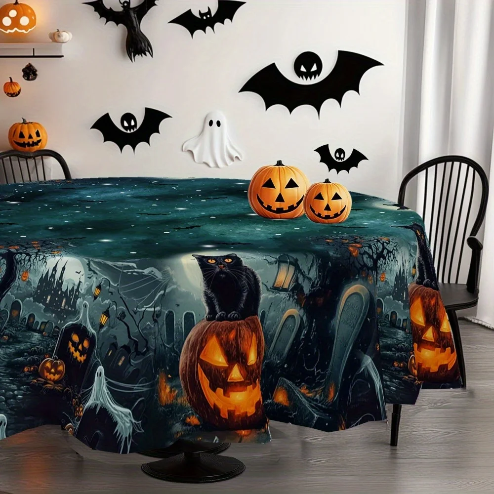 1 piece of terrifying Halloween tablecloth - featuring designs of cats, pumpkins, castles and batszyc