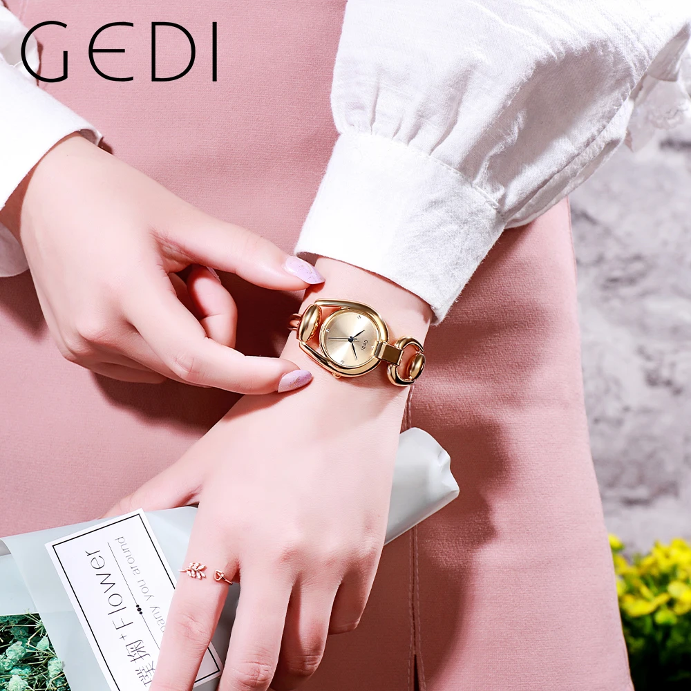 GEDI Luxury Golden Steel Chain Strap Women\'s Quartz Bracelet Watch Small Dial Diamond Minimalist Waterproof Ladies Wristwatch