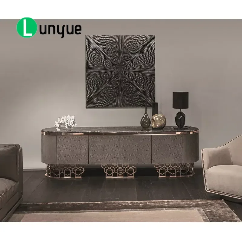 Modern Classic Closed TV Cabinet Luxury Gold Stainless Steel Leather Living Room Furniture Storage Console with Elegant