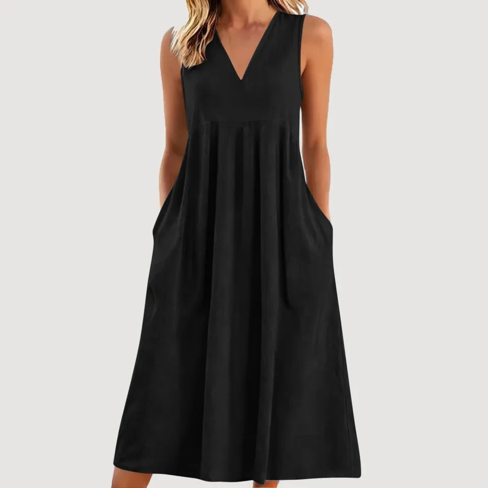 Vestido Largo Evening Dresses Abendkleider V-neck Sleeveless Pocket Dress Womens Summer Hem A-line Beach Vacation Dress