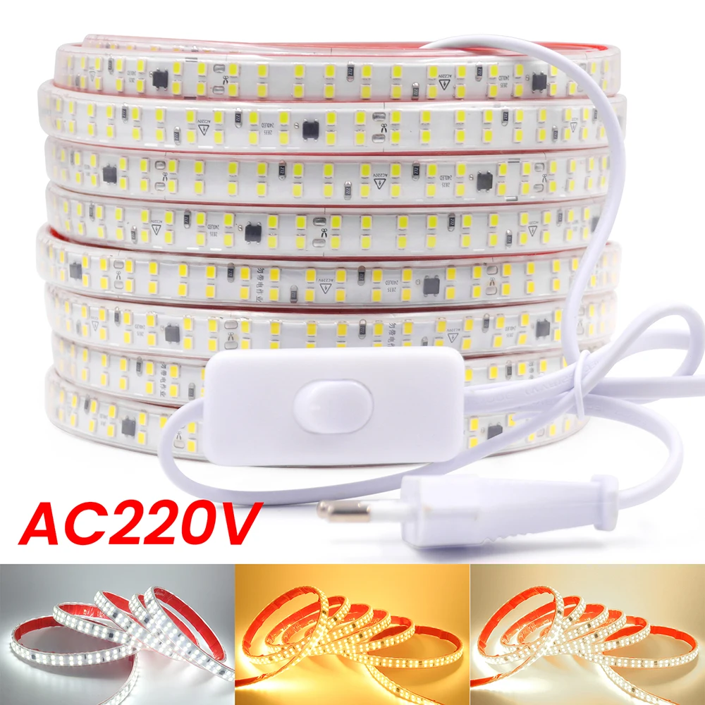220V Switch LED Strip Light 5m 10m 20m EU Power Plug Kit 2835 240LEDs/m Flexible Tape Waterproof Warm Natural White 0.5m 1m 2m