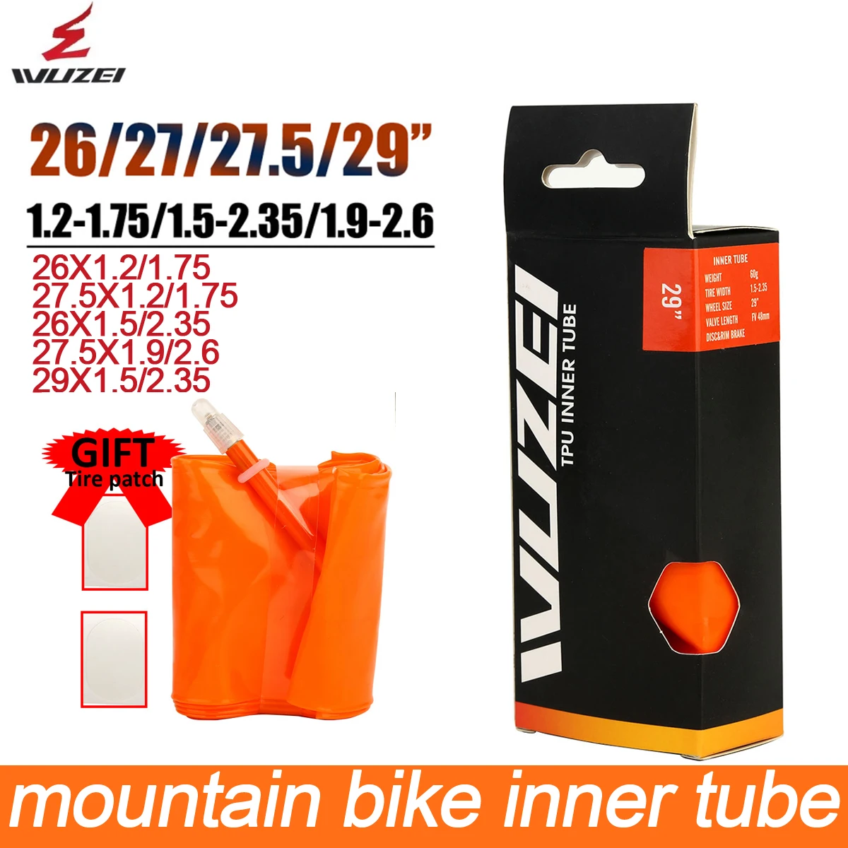 WUZEI Mountain Bike Ultralight Inner Tube+Tire patch 26/27.5/29x1.2/1.75/x1.5/2.35 FV 48MM MTB Bike Inner Tube Bicycle Parts