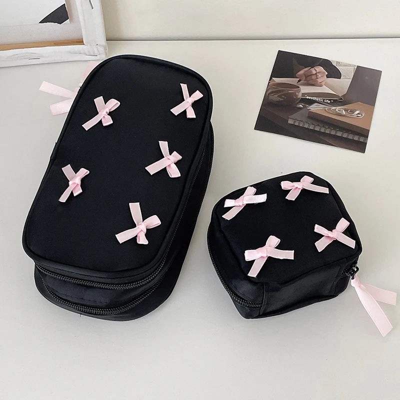 Simple Bow Black Makeup Bag Portable Zipper Storage Bag Pencil Case Cosmetic Organizer Travel Toiletry Case Handbag Girl Gift