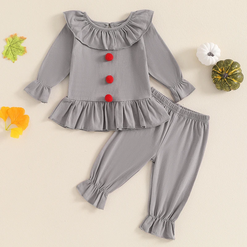 

2024 Fashion Toddler Baby Girls Halloween Clothes Outfits Ruffles Long Sleeve Pom Front T-shirts Tops+Long Pants Casual Outfits