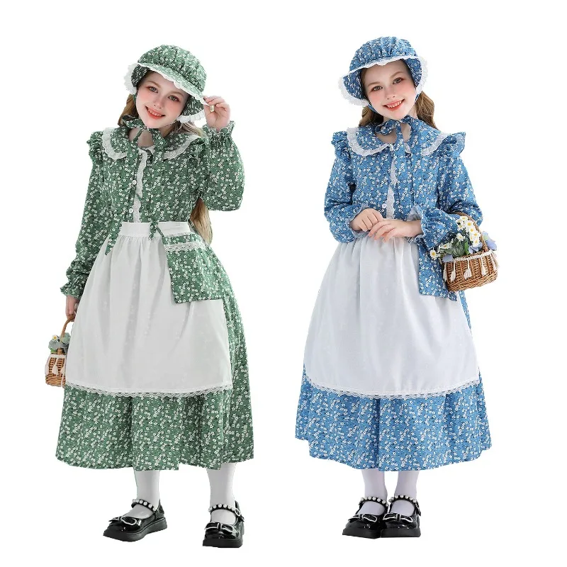 

Girl Pioneer Costume Floral Colonial Prairie Dress with Apron Strap Bag and Hat European Manor Pastoral Style Maid Outfits Women