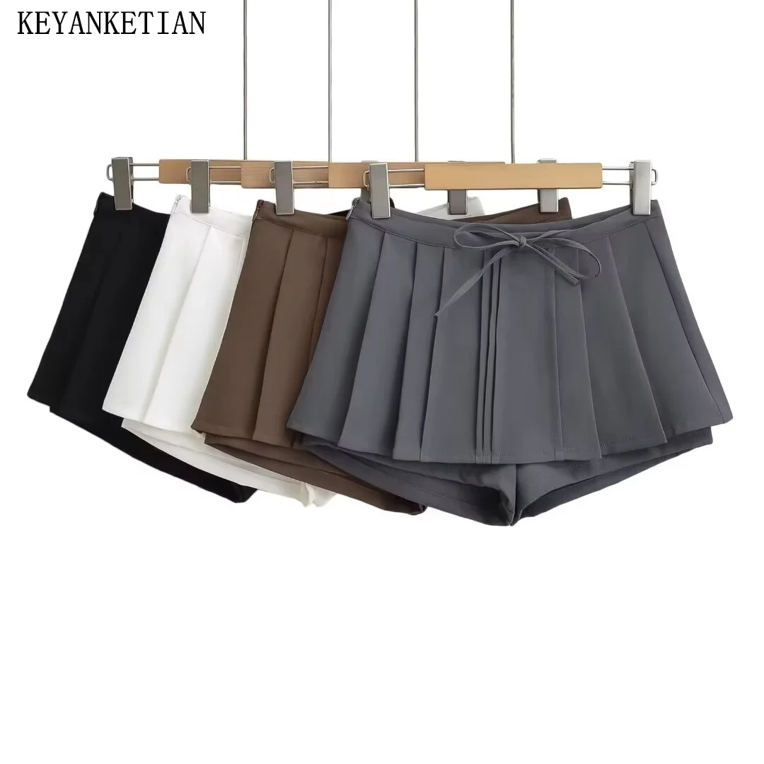 KEYANKETIAN 2024 New Launch Women Drawstring Lace Up Low-rise pleated skirt skort Summer Preppy Style Side Zipper Slim Miniskirt