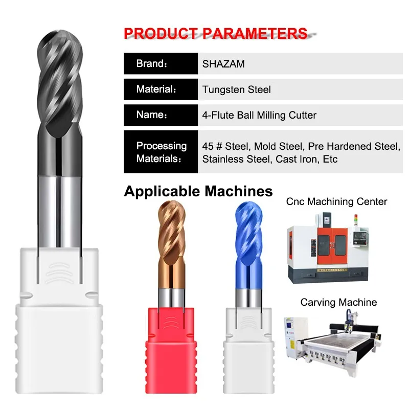 SHAZAM-Molino de extremo de bola de 4 flautas, herramientas de corte CNC de carburo de tungsteno, R0.5-R6.0mm, HRC50/55/70 para fresas de Material