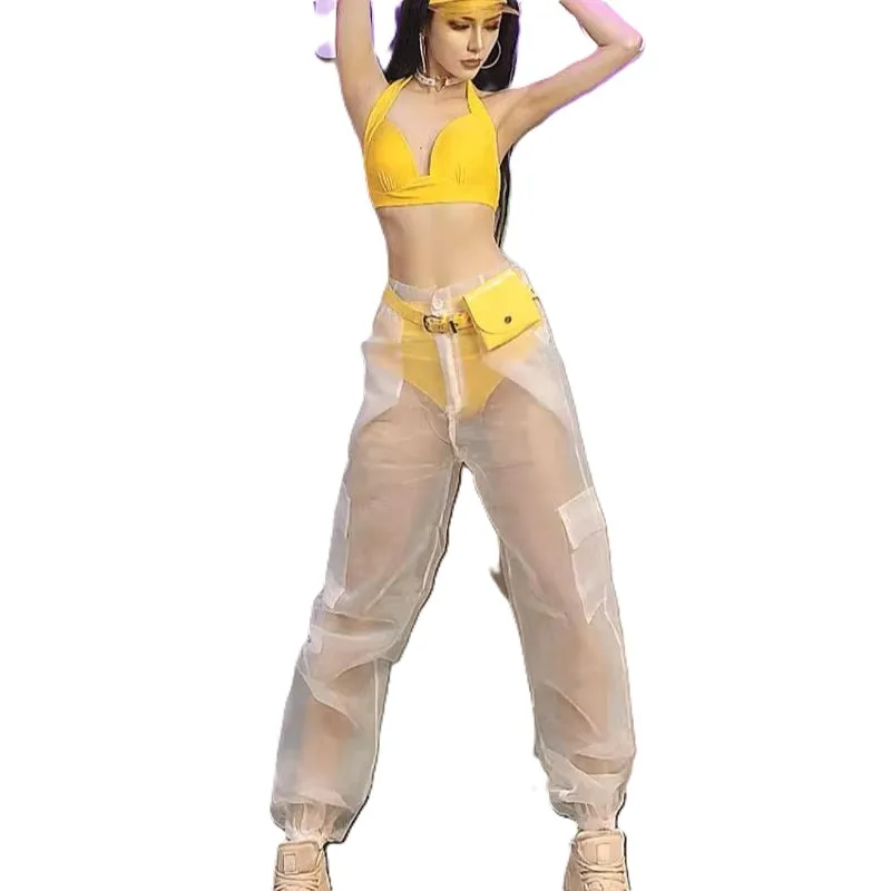 

Сексуальный DS женский костюм для танцев, ночного клуба, бара, диджея, желтые сетчатые прозрачные брюки, костюм бикини для джазовых танцев, наряды для вечеринок