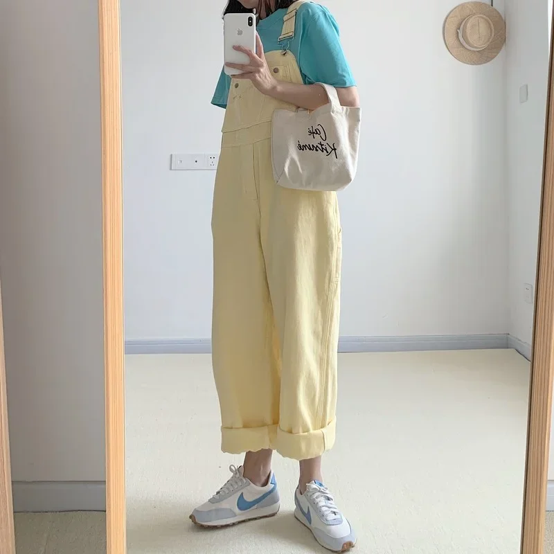 White Jumpsuits Women Overalls Loose High-waist Straight Wide-leg Denim Washed Vintage Trousers Girl Simple Fashion Harajuku y2k