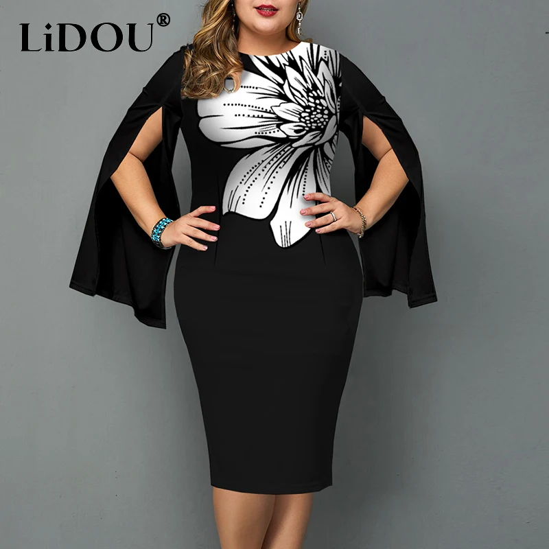 Autumn Winter New Sexy Fashion Elegant Hip Package Dress Aesthetic Design Irregular Slit Sleeve Print Chic Plus Size Dress Women