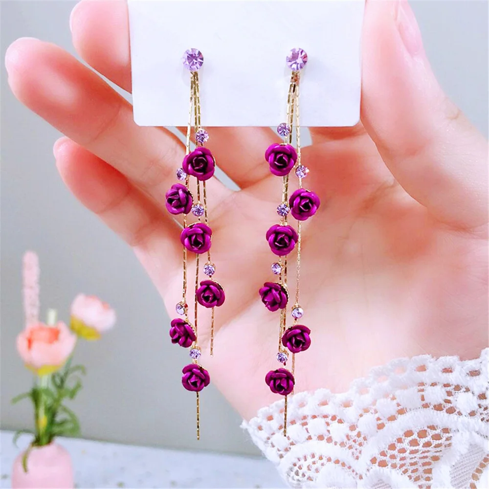 Fashion Rose Petal Drop Earrings for Women Red White Long Tassel Dangle Hanging Earrings Weddings Party Jewelry Accessories Gift