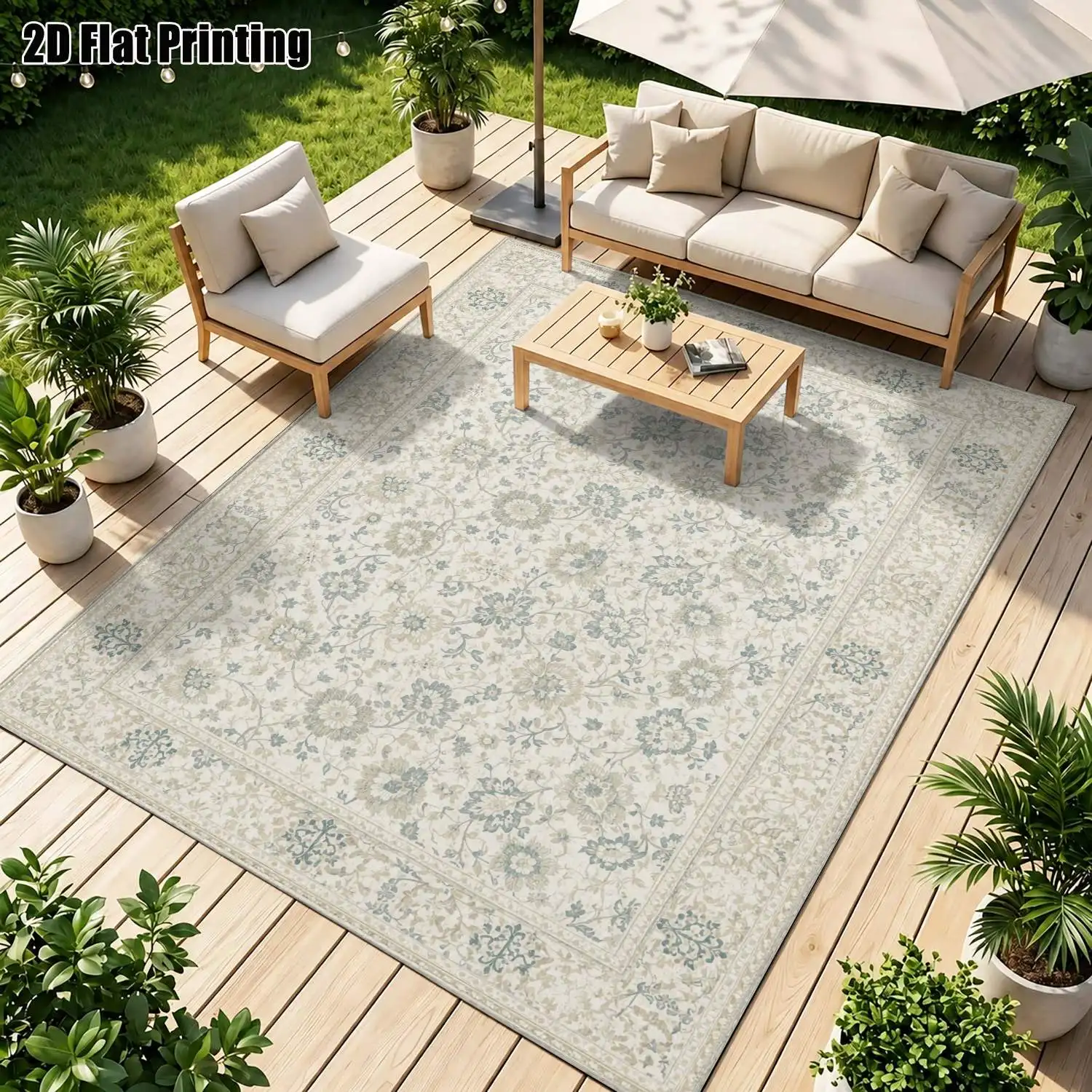 1Pc 2D Printed Carpet: Beige & Light Blue Floral, European Vintage Simple Geometric, Home Decor, Multi-Size, Machine Washable, for Entrance, Dining, Foyer, Bedroom, Living Room