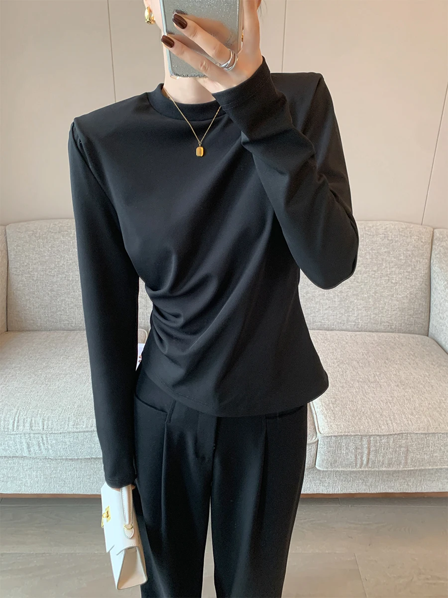 

Женская круглая футболка Bla Long Sve Ne, осень 2023, новинка плиссированного дизайна с застежкой на талии, уникальный топ, повседневная подушечка для сна...