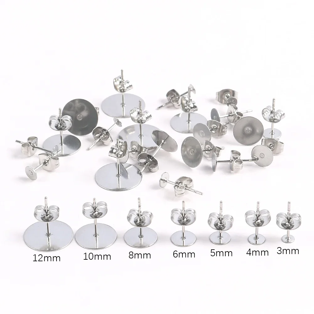 50pcs 3-12mm  Stainless Steel Earring Studs Blank Post Base Pins With Earring Plug Findings Ear Back For DIY Jewelry Making