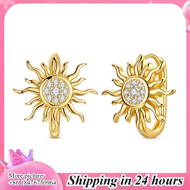 Pendientes de Aro en Forma de U (Plata de Ley 925) – Con Sol Dorado Brillante para Mujer