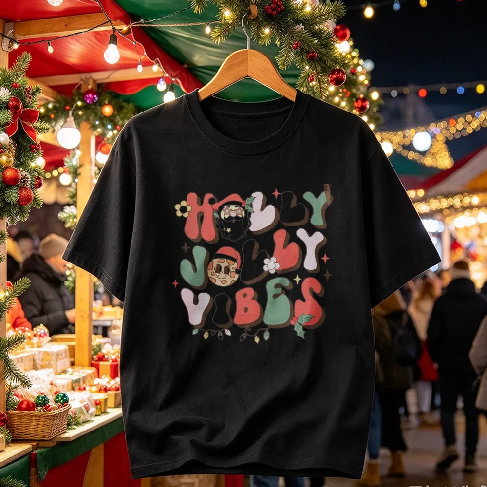 Holly Jolly Vibes Graphic Retro Bubble Letter Santa Cookie Holly Light Print Groovy Christmas Casual T-shirt Winter Holiday Tops