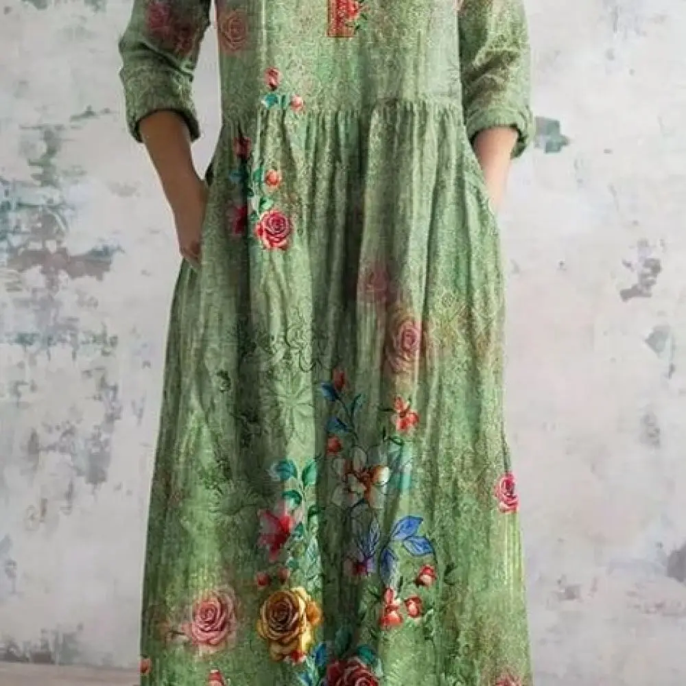 Vintage Floral Print Dress Women Long Sleeve V Neck Casual Loose Elegant Bohemian Fashion Spring Autumn Outfits