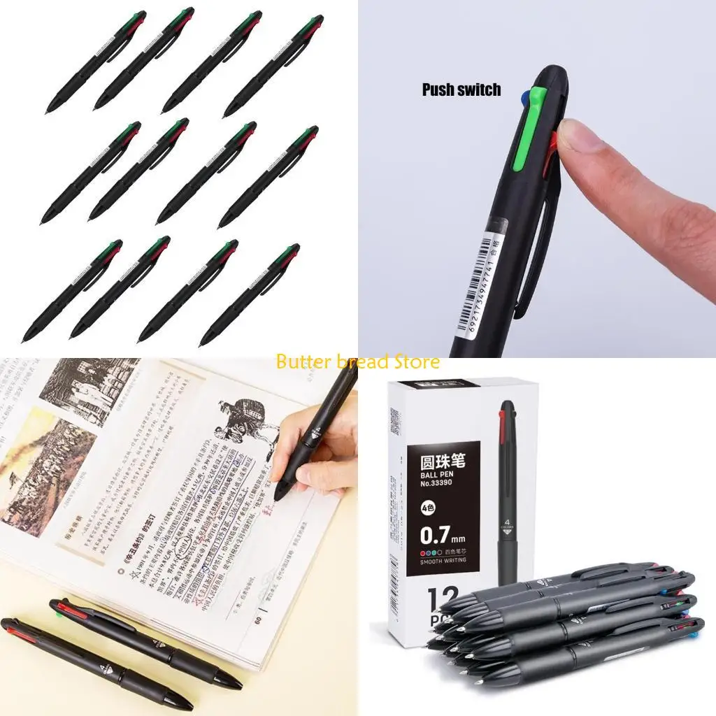 

W89C 12Pcs 4-Color-in-1 Ballpoint Pen Retractable Ballpoint Pen Multicolored Pen
