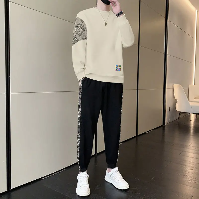 Spring and Autumn New Men\'s Casual Suit Crewneck Long Sleeve Hoodie Trousers Running Sportswear Men\'s Two-piece Set