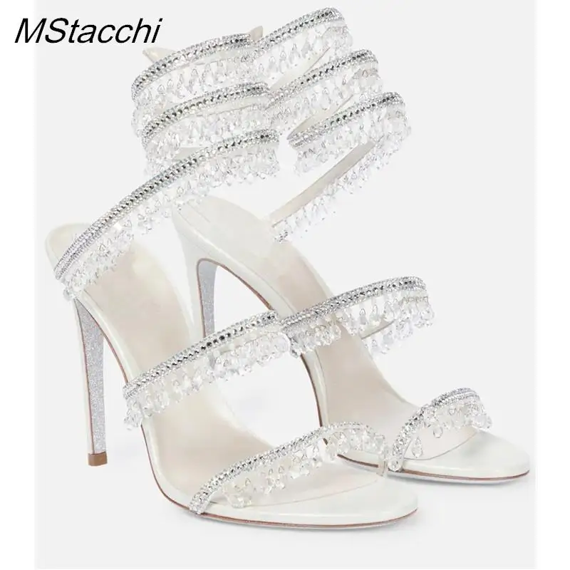 NONE Kristallbesetzte Sandalen für Damen Sommer 2026 Hochzeitsschuhe High Heel Partyschuhe Knöchelriemen-Sandalen Designer Stiletto-Absatzschuhe 5