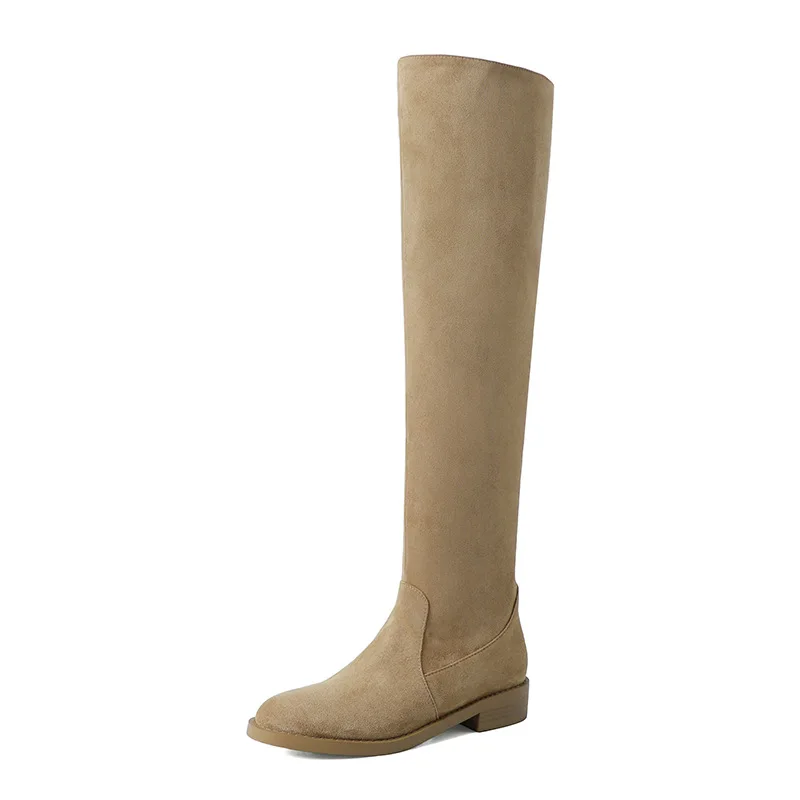 Arden Furtado brown knee high suede boots women Round toe Low heel Over the knee boots Slouchy Ruched knee high boots wide calf