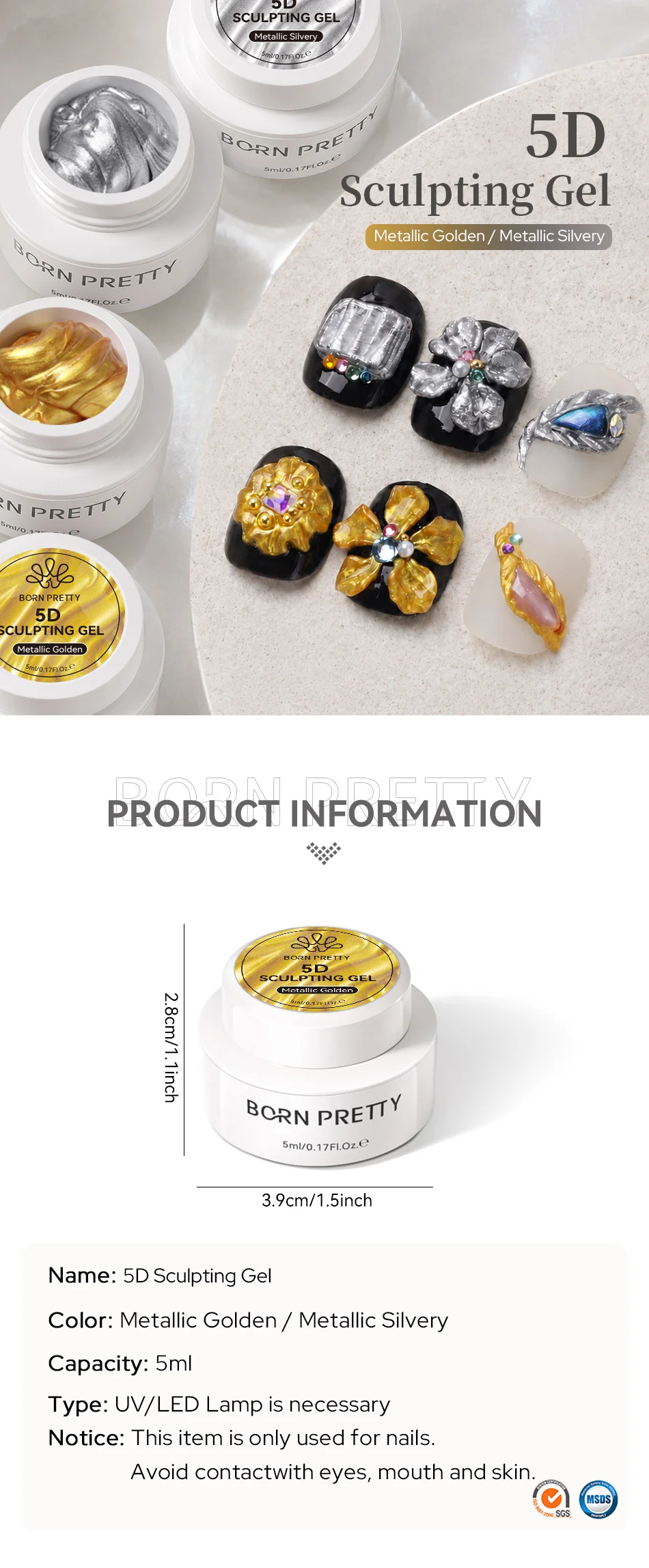 BORN PRETTY 1/2/3 Stück Metallic 5D Sculpting Gel Nagellack-Set 5ml Gold Silber Nicht-Fließend Hochsättigendes Nagel-Formungs- und Modellierungs-Gel – Detail 1