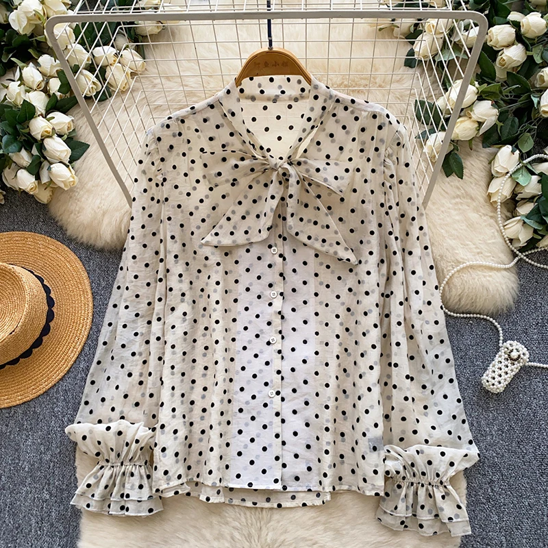 Women's Shirt Korean Style Polka Dot Long Sleeve Bow Tie Ruffle Trim Blouse Cardigan Elegant Office Lady Fall Tops Female BL594