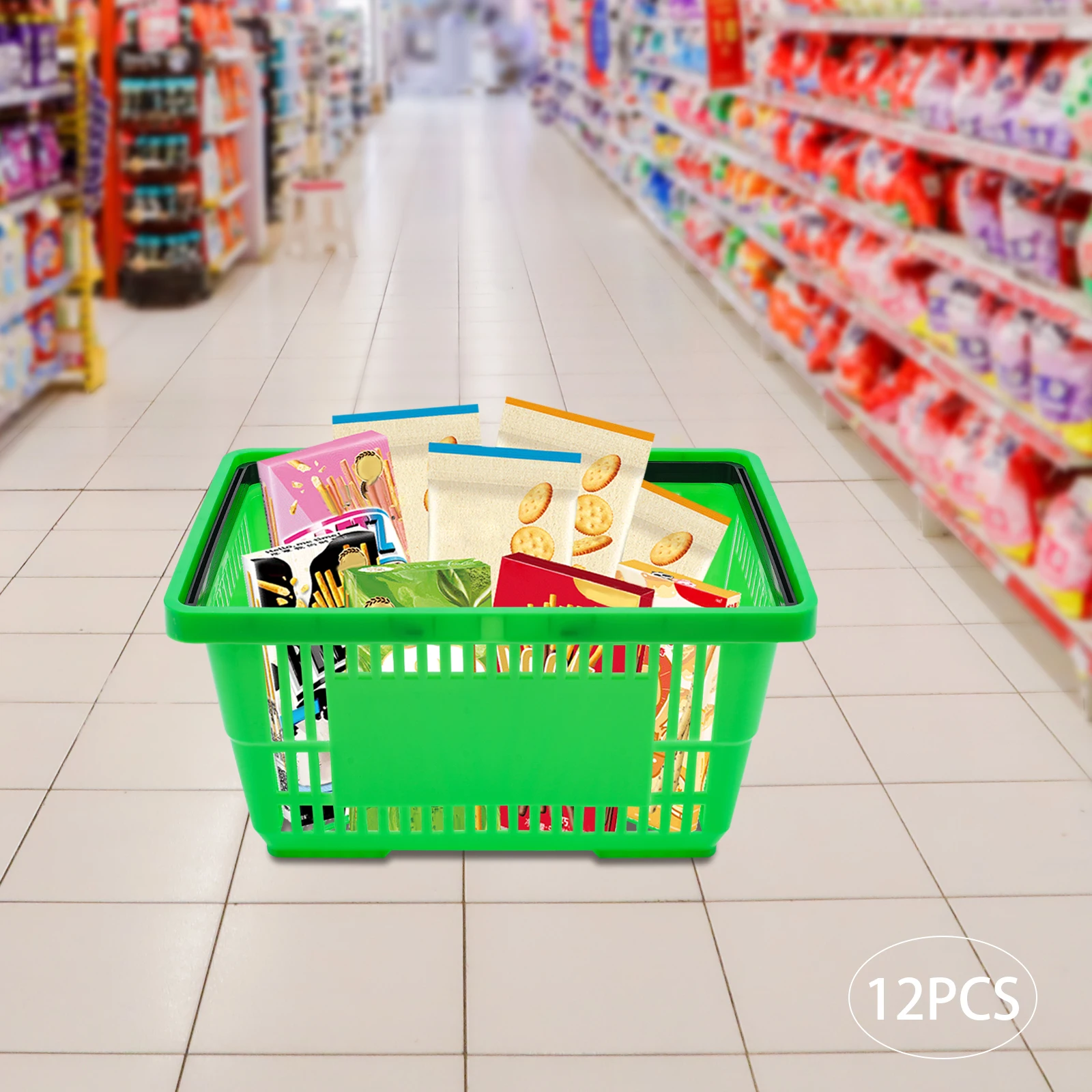 سلة تسوق سوبر ماركت محمولة باللون الأخضر مكونة من 12 قطعة، سلة تخزين سعة 7.4 جالون/28 لترًا بمقبض (44.09 رطلًا) #5