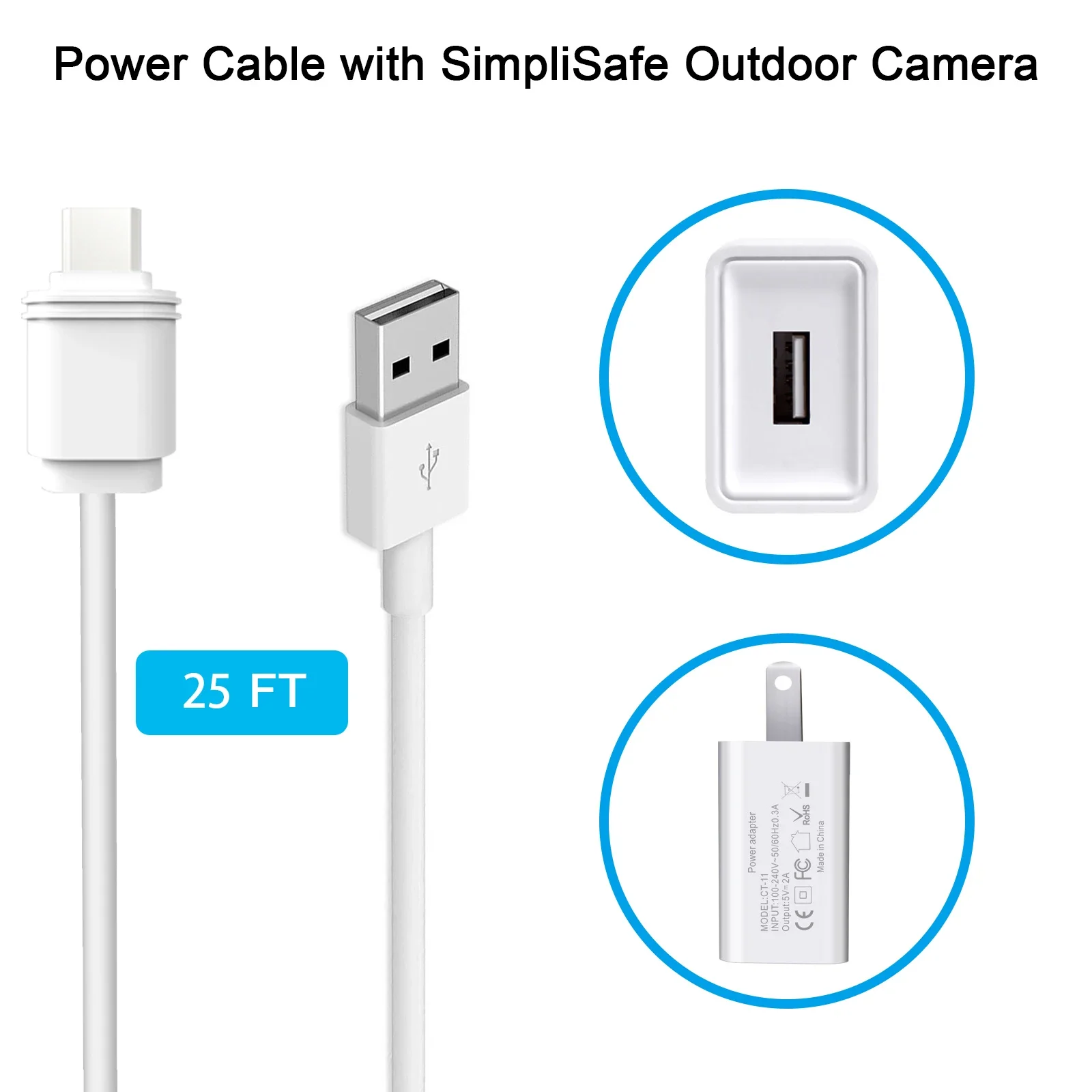 7.6m /25ft Charging Cable power for SimpliSafe Wireless Outdoor Security Camera with USB Port Fast Charger(white)