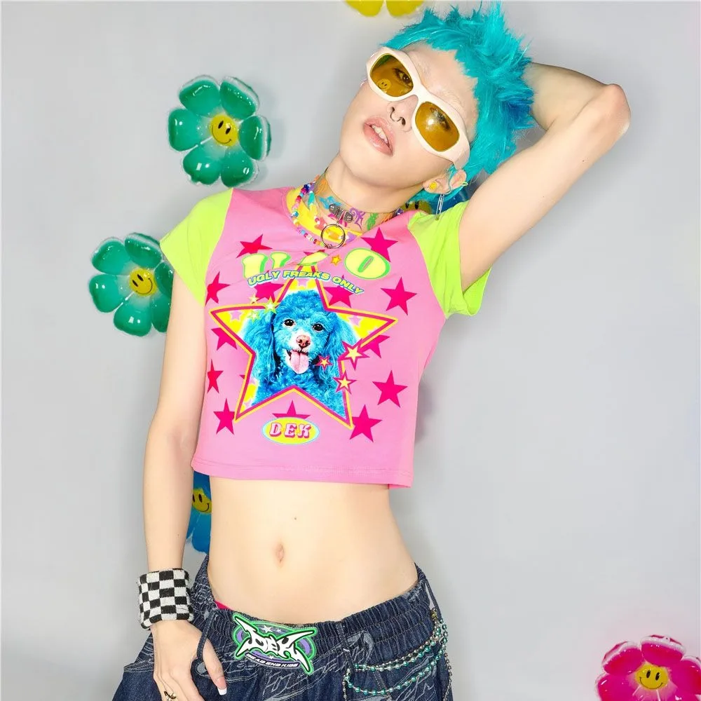 Y2k Girls T Shirt Vintage American Dog Animal 2024 Summer Short Sleeve Colorful Top Women Pulovers Kawaii New Youthful Tees