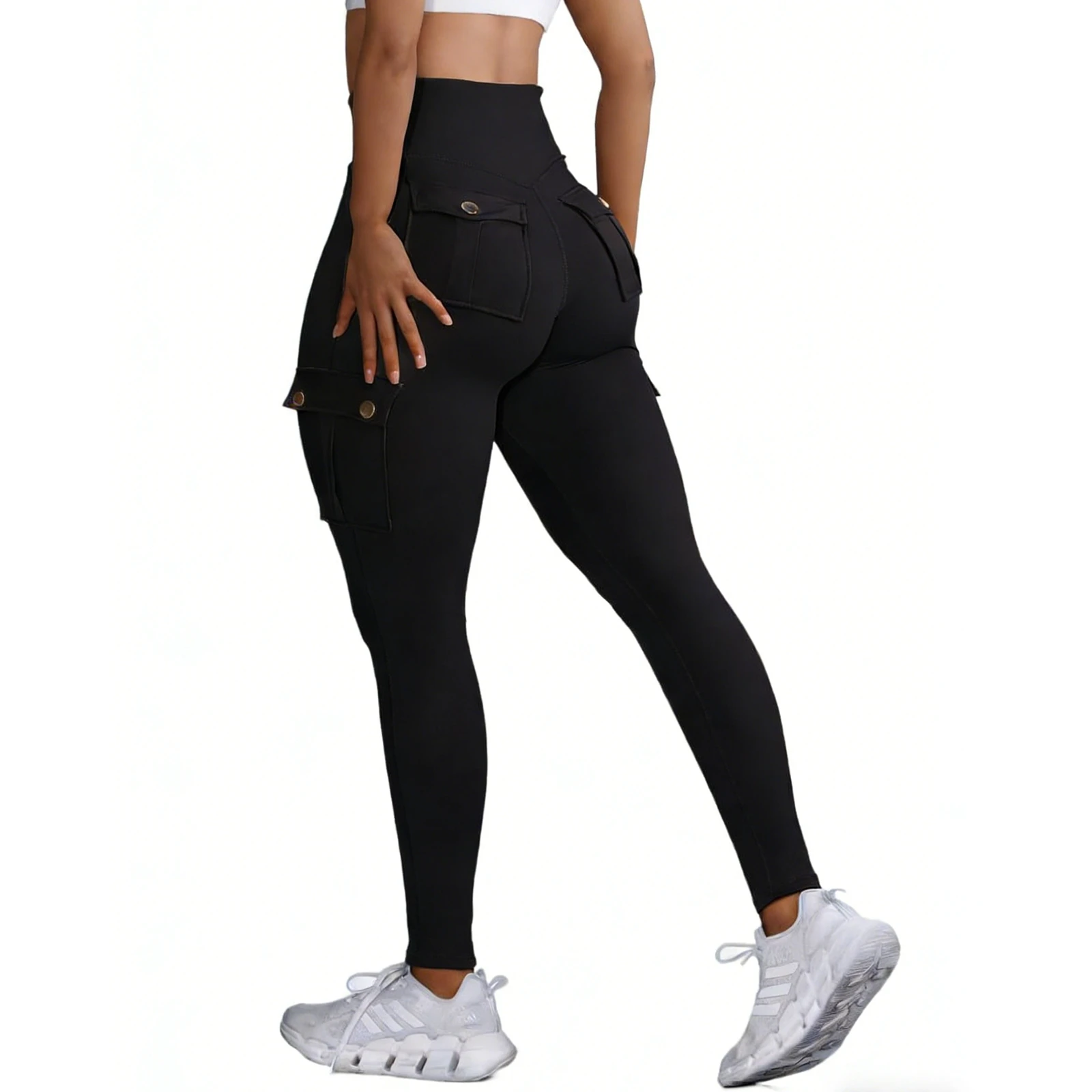 طماق للنساء عالية الخصر التخسيس ممارسة السراويل تشغيل اليوغا الرياضية نحيل مع جيوب البضائع رفرف السراويل عارضة