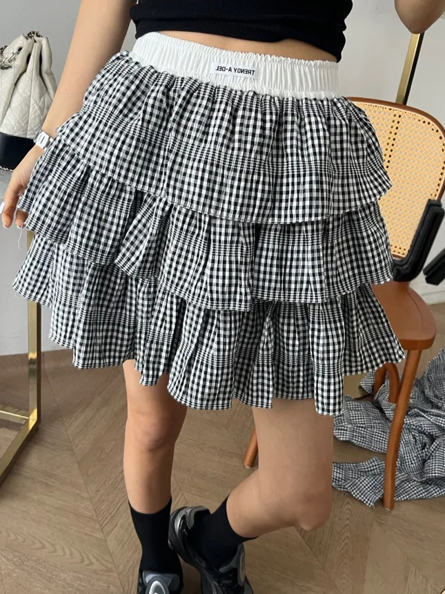 

Утягивающая клетчатая юбка, женская плиссированная хлопковая юбка с эластичной резинкой на талии, многослойная кружевная юбка с подолом, универсальная весенняя юбка...