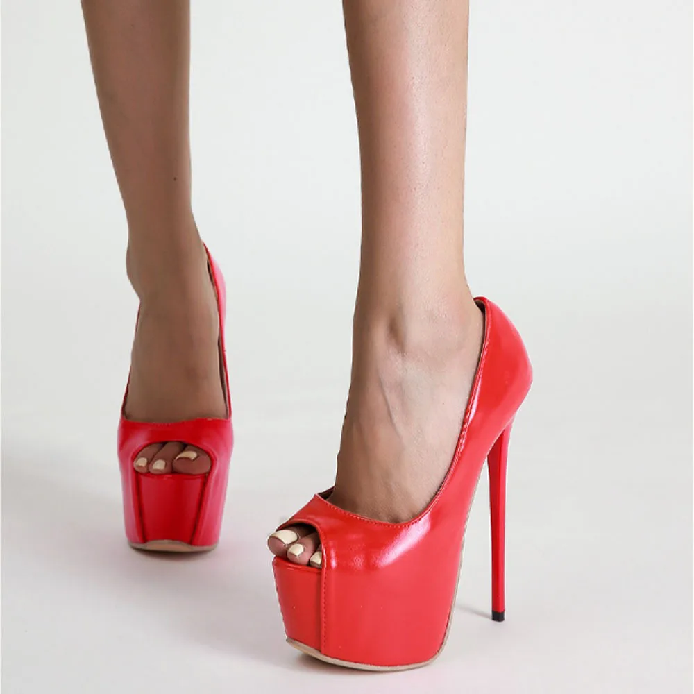 Women New Fashion Sexy Red Fish Mouth Pumps Ultra Super High Stiletto Heels Model Walk Show Party Shoes