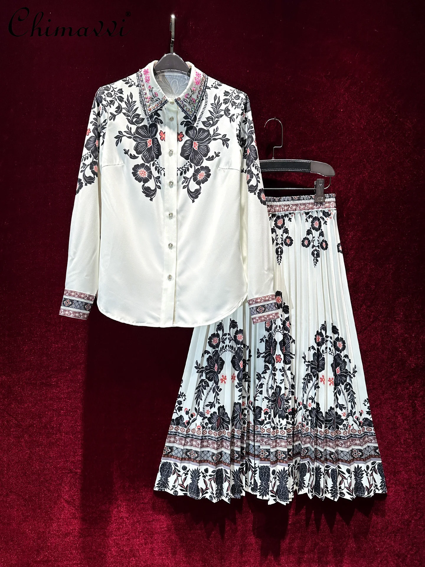 

Retro Printing Luxury High-end Womens Outfits Autumn New High-end Heavy Diamond Long-sleeved Shirt Top Skirt Party Two-piece Set