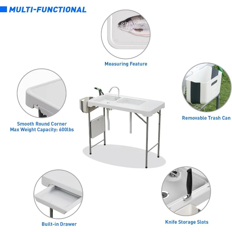 42.6" W Portable Fish Cleaning Table with Double Sink and Folding Design Outdoor Cleaning Station for Camping, Patio