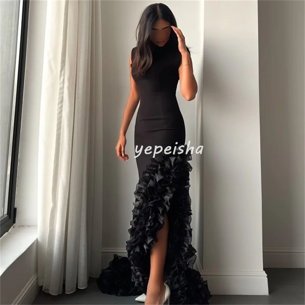 Customized Fashion Exquisite Jersey Pleat Ruched Mermaid High Collar Long Dresses Bespoke Occasion Dresses High Quality