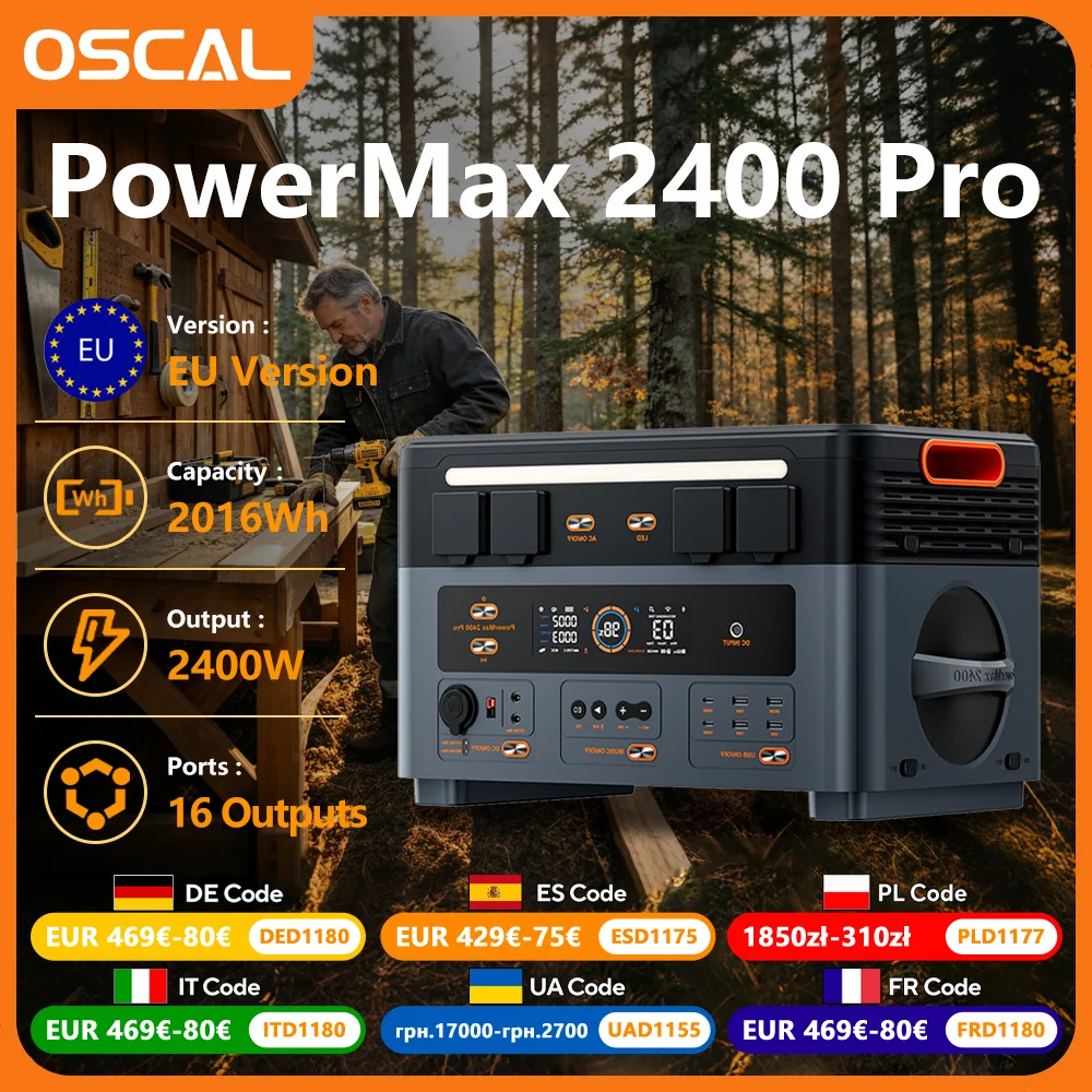 Oscal Powermax 2400 Pro 2400W 2016Wh Portable Power Station Extendable up to 22176Wh Lfp Battery Solar Generator for Home Rv Camping Off-Grid