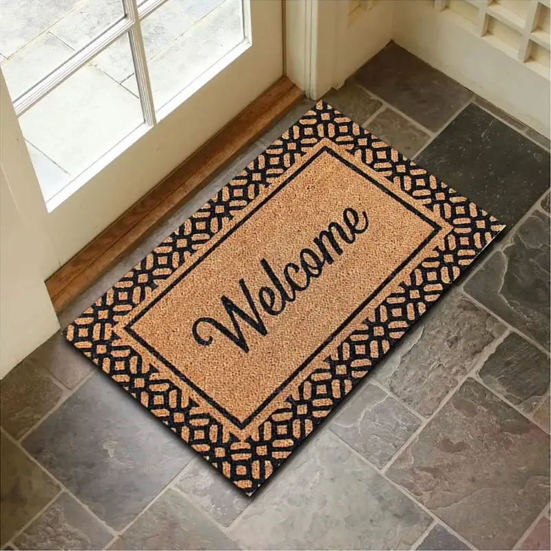 VIKAMA Natural Fiber Salutations Geometric Border Welcome Mat Grip Backed Entryway Carpet Country Floor Padding Space Decor Soft