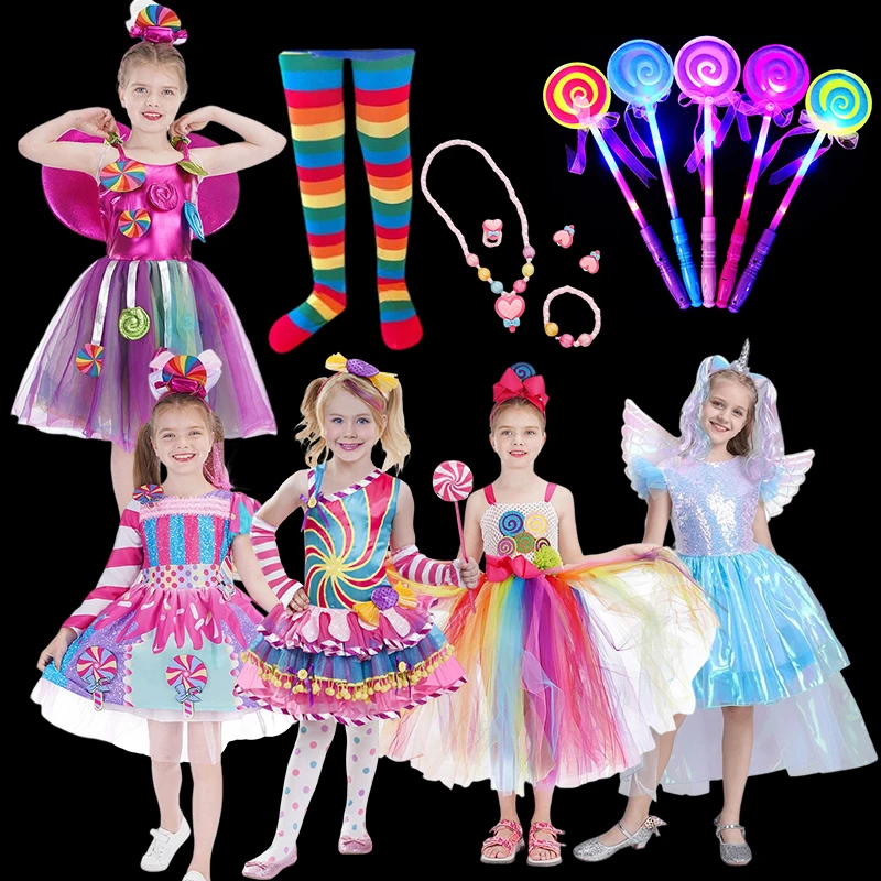 

Purim Candy Dress For Girls Kids Birthday Princess Party Costumes Led Light Up Lollipop Cosplay Clothes Christmas Tutu Dresses