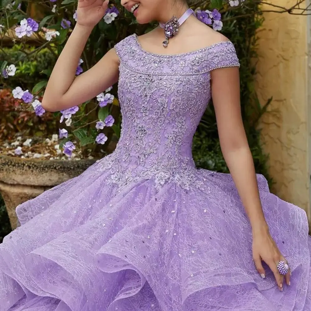 Vestidos de quinceañera morados claros de manga larga desmontable, vestido de fiesta de princesa con cuentas de encaje, fiesta dulce 15, cuello redondo escalonado personalizado