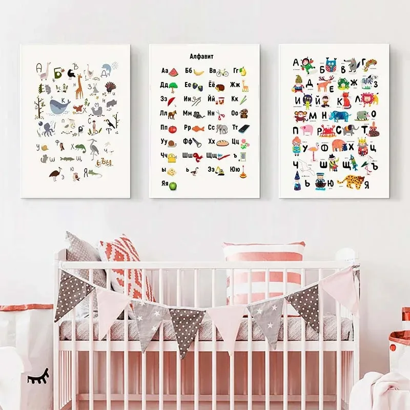 Russian ABC Alphabet Wall Art Poster Baby Nursery Animals Letter Canvas Painting Language Educational Picture Kids Room Decor