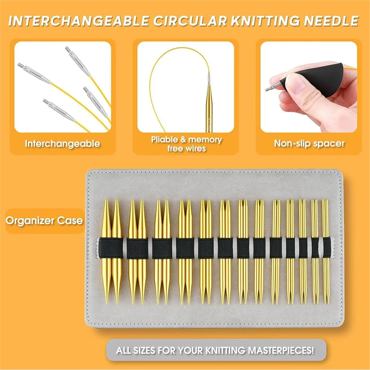 

Набор сменных круговых спиц для вязания, 13 пар (3-10 мм) US 2.5-15 с кабелями 16, 24, 32, 40 дюймов, аксессуары