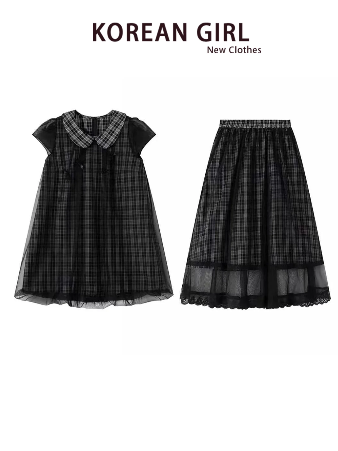 Early Japanese Style Sweet Girl Checkered Lace Half-Skirt Set Women's Summer Fashion Ensemble Breathable Polyester Fabric
