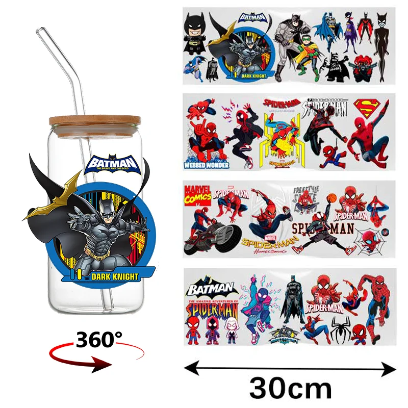 마블 시리즈 스파이더맨 16온스 DTF 컵 스티커, 멋진 맞춤형 UV 전사 스티커, 아이언맨 방수 스티커